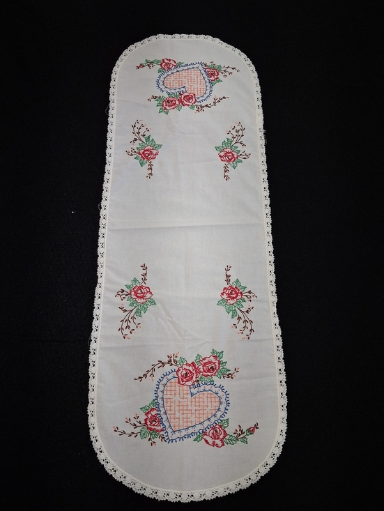 Other - Embroidered Heart & Rose Table Runner - White with Pink, Green